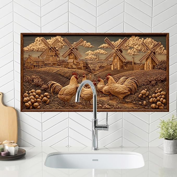 Rooster Windmill Kitchen Backsplash Peel and Stick, 30x16 in | Faux wood-carved rooster and windmill farmscape on warm walnut tones; flat 2D waterproof peel and stick; wipe clean; 30x16 in - Image 5