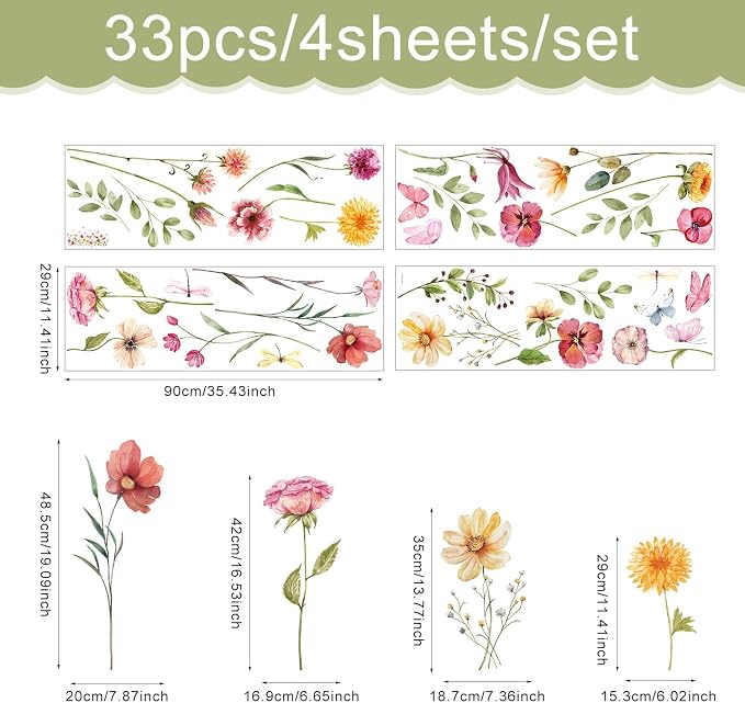 Watercolor Garden Flower Wall Decals, Peel and Stick Creative Colorful Butterfly Floral Wall Stickers, Multicolor Wildflower Wall Decor for Girls Room Nursery Bedroom Window - Image 2
