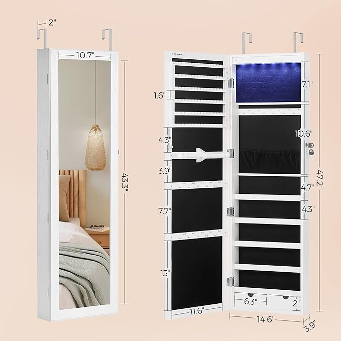 SONGMICS 6 LEDs Mirror Jewelry Cabinet, 47.2-Inch Tall Lockable Wall or Door Mounted Jewelry Armoire Organizer with Mirror, 2 Drawers, 3.9 x 14.6 x 47.2 Inches, White UJJC93W - Image 6