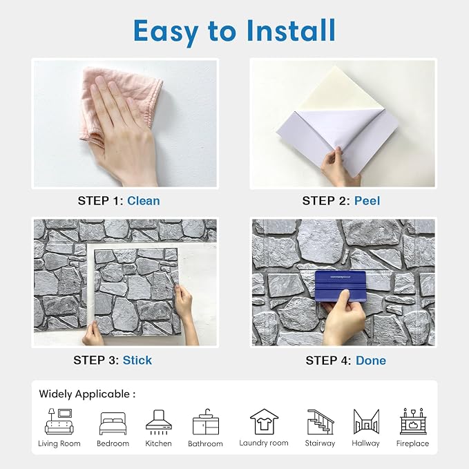 COMSTICKC 3D Faux Stone Wall Panel Peel and Stick Wall Tiles | Gray, 10 Pcs of 12"X12", Ultra-Light Thin PVC Rock Adhesive Fake Stone Paneling Backsplash Interior Decor, Cover 9.7 sq ft - Image 9