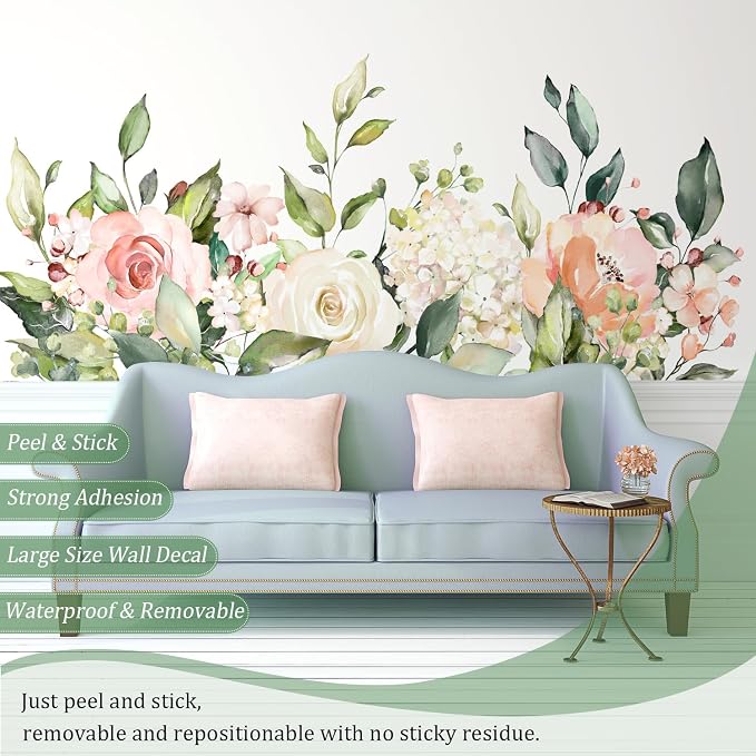 Flowers Leaves Wall Decals Peel and Stick, Large Floral Flowers Wall Stickers, Removable Vine Home Decor Art for Bedroom Living Room Classroom Office - Image 3