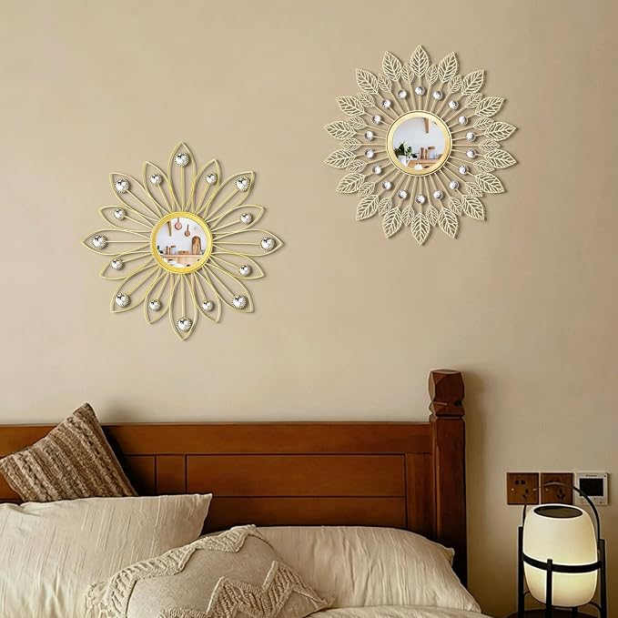 2 Pack Metal Mirrors for Wall Boho Sunburst Wall Mirror Home Decor Modern Decorative Wall Art for Bedroom Living Room Entryway - Image 3