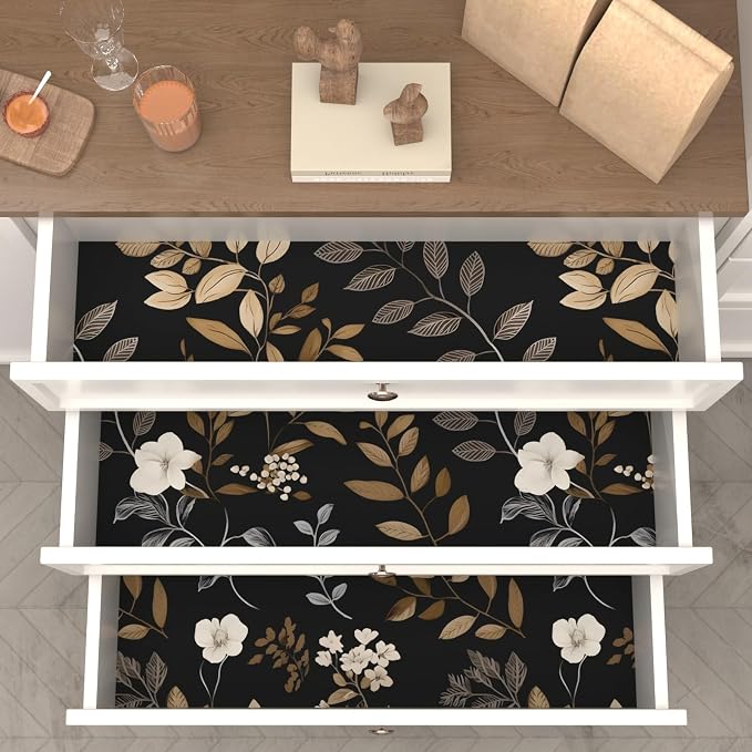 Laatse Floral Leaf Vintage Wallpaper Peel and Stick 17.5"x393", Black Gold | Self Adhesive/Removable/Waterproof/Thick Vinyl Contact Paper for Bathroom Bedroom Shelf Cabinet Drawer,Prepasted,Easy Peel - Image 7