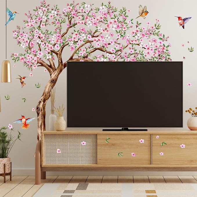 Large Pink Flower Tree Wall Decals Cherry Blossom Floral Branch Wall Stickers Peach Flower Birds Home Art Decals Stickers Living Room Bedroom Tv Background Wall Decor - Image 5