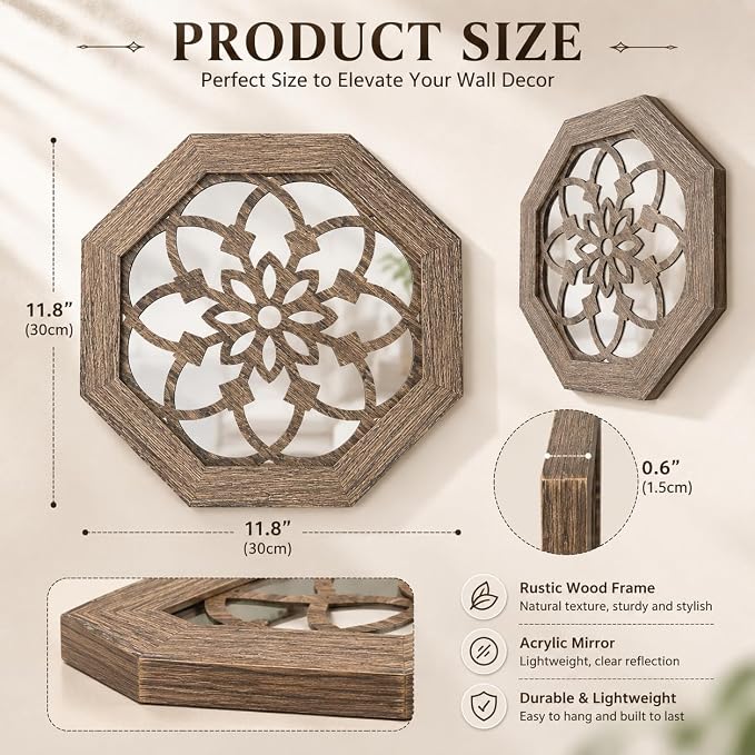 4 Pack 12 Inch Octagon Maroon Rustic Wood Frame Acrylic Wall Mirrors, Farmhouse Boho Wall Art Decor for Living Room, Bedroom, Hallway, Entryway, Bathroom & Office - Image 3