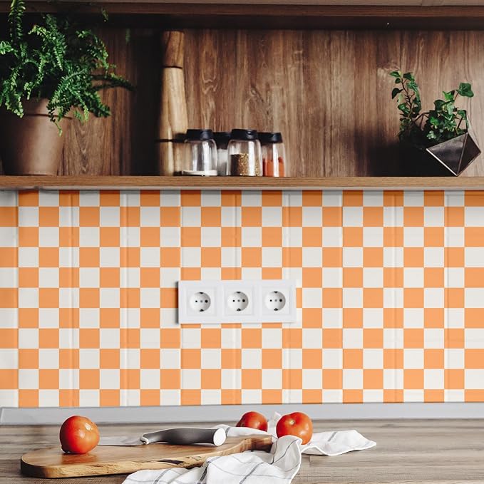 Drydiet Orange Checkered Peel and Stick Wallpaper 15.75'' x 118" | Plaid Funky Checkered Contact Paper, Waterproof Contact Wallpaper, Vintage Gingham Decor for Room Bathroom Cabinet, Trendy - Image 4