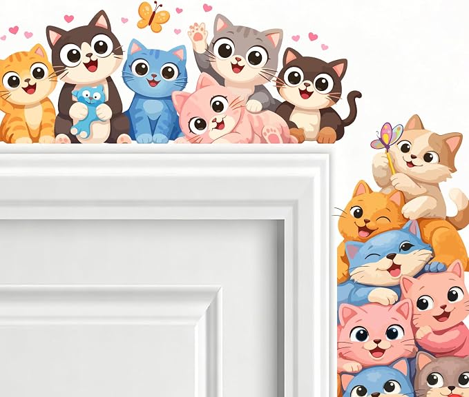PLIGREAT 21 Pcs Cartoon Cat Wall Stickers, Cute Animal Wall Decals for Door Peel and Stick Vinyl Cats Switch Stickers for Nursery Bedroom Living Room Bathroom Home Door Corner Decor - Image 4