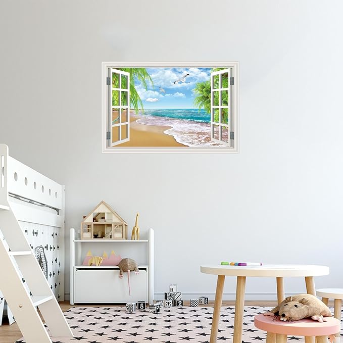 Fake Window Wall Decal- Summer Beach Ocean Coconut Trees Open Art Sticker | Faux Window Natural Scenery Landscape Mural｜ Stick and Peel Wall Decals｜Room Bedroom Office Decor｜Large Murals 66"x48" - Image 7