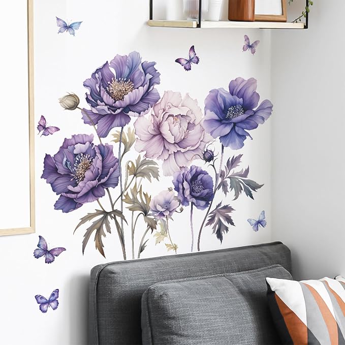 TUOKING Purple Flowers Wall Stickers Removable Butterfly Wall Murals | Peel and Stick Vinyl Wall Art Decal Home Decor for Kitchen,Bedroom,Living Room(fun-c16) - Image 4