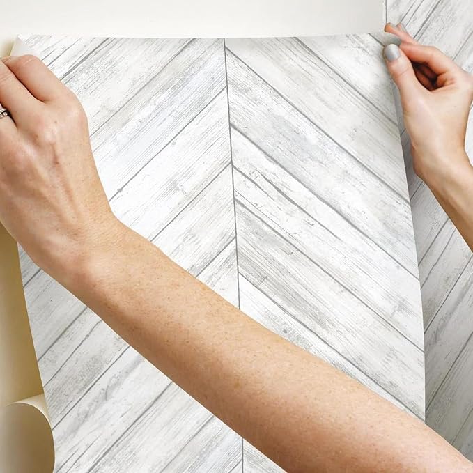 RoomMates White Herringbone Wood Boards Peel and Stick Wallpaper, 20.5 in x 16.5 ft, Vinyl, White/Tan, Removable, No Sticky Residue, For Renters and Homeowners - Image 6
