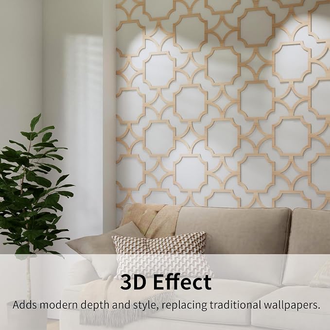 8PCS PVC Modular Decorative Fretwork Wall Panels for Living Room Lobby Bedroom, Star Lattice-Oak Faux Oak Wood Texture - Image 5