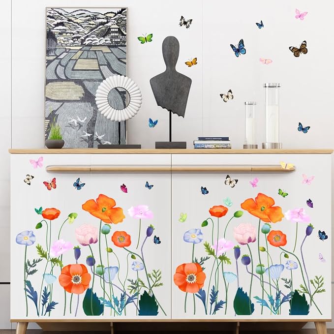 6 Pieces Flowers Wall Decals Vinyl Flowers Wall Stickers Removable Floral Murals Peel and Stick Colorful Flower Decor for Girls Bedroom Living Room Nursery (Orange) - Image 4