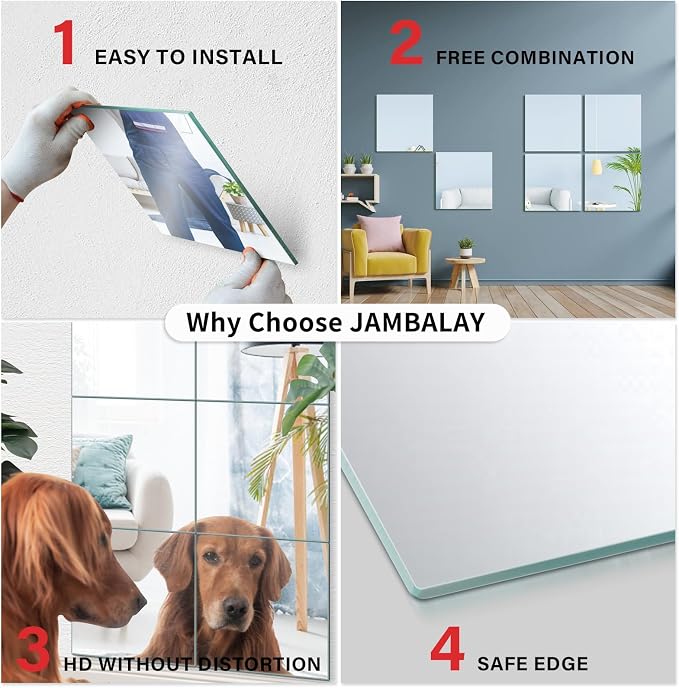 JAMBALAY Home Gym Mirrors for Gym, 12Pcs 12″×12″ Square HD Glass Full Length Wall Mirror Tiles, Self Adhesive Frameless Wall Mirror for Bedroom, Living Room, Over The Door - Image 4