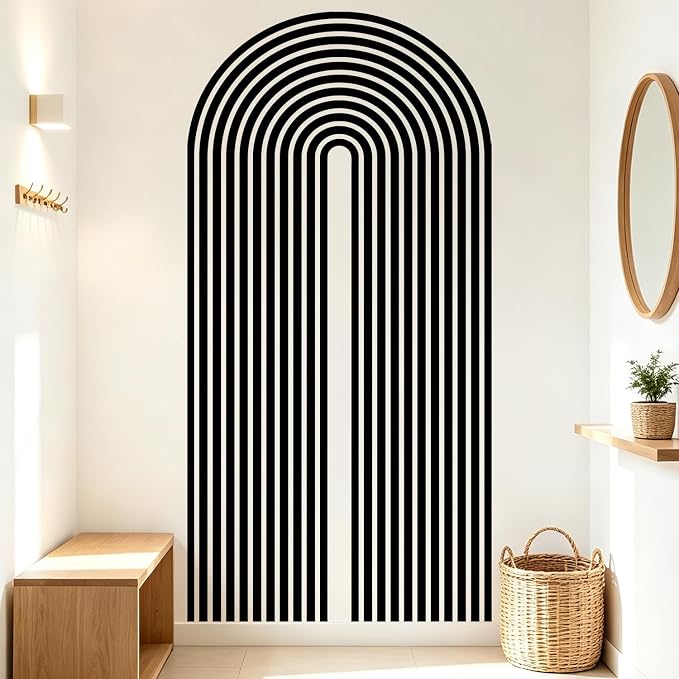 Black Geometric Arch Line Wall Decals, Minimalist Boho Wall Stickers | Boho mid-century black line arch peel and stick wall decor, removable vinyl wall art mural decoration for living room bedroom by VePret
