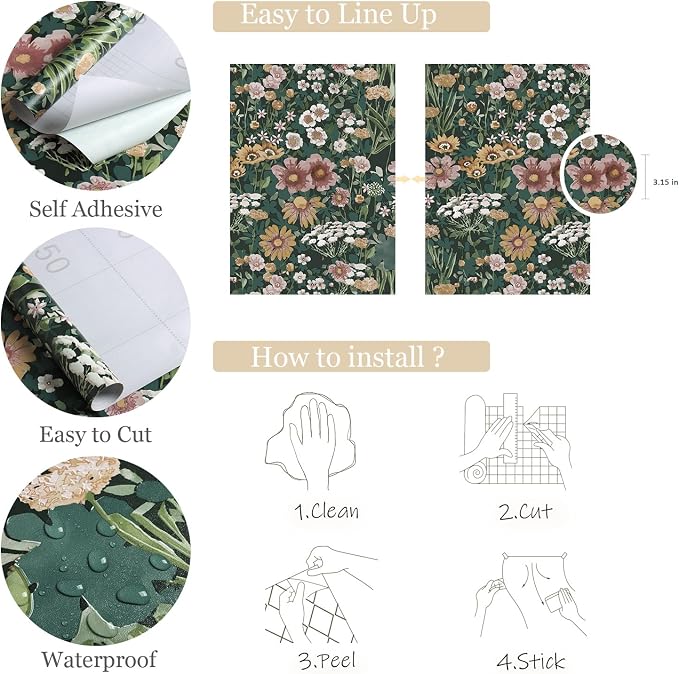 Orainege Peel and Stick Wallpaper Boho Vintage Floral Wallpaper | 16.9inx118.1in Daisy Wallpaper Self Adhesive Floral Contact Paper for Bedroom Living Room Accent Wall Removable - Image 5
