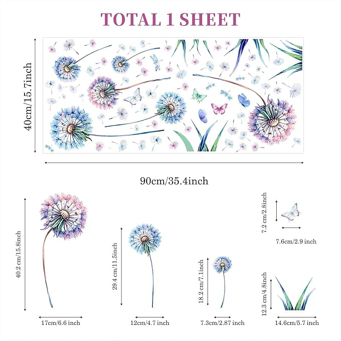 LHIUEM Blue Dandelion And Butterfly Wall Decal, 8x10 Inch, Vinyl, For Walls, Living Room, Bedroom, Girls Room, Funny Style, Floral Pattern - Image 7