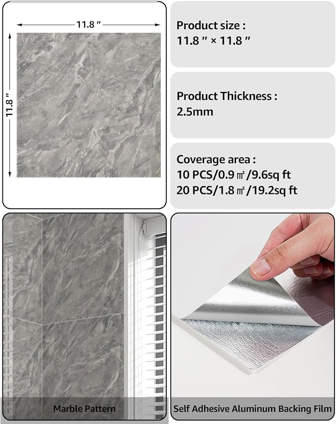 WADILE 20PC Peel and Stick PVC Wall Panels 11.8 x 11.8 Dark Grey | Marble look, Self adhesive, PVC Panels, Lightweight Foam Wall Panels, Bathroom, Kitchen, Not Real Tile - Image 2