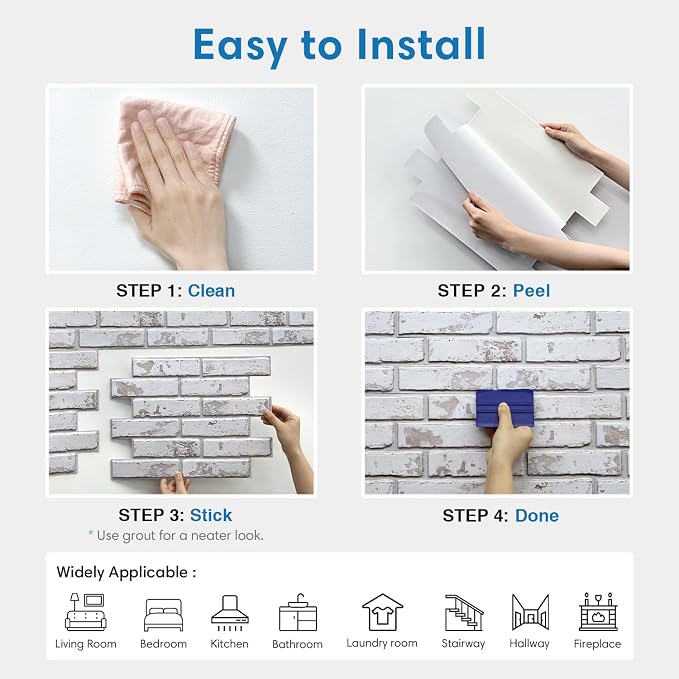 COMSTICKC 3D Faux Brick Wall Panels Peel and Stick Decorative Tiles Sticker | 10 Pcs 15.7" x 11.8", Retro White, Not Real Brick, Ultra-Light Thin PVC 3D Fake Brick Decorative Wallpaper, Cover 12.9 sq ft - Image 8