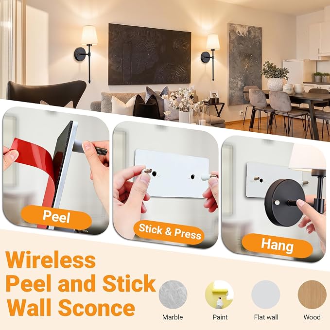 Nekhung Battery Operated Wall Sconce, Peel and Stick Sconces Set of 2 | Wireless Adhesive Stick On Wall Sconce, 10000mAh Rechargeable RGB Bulb with Remote, No Drill Wall Light for Bedroom Decor - Image 3