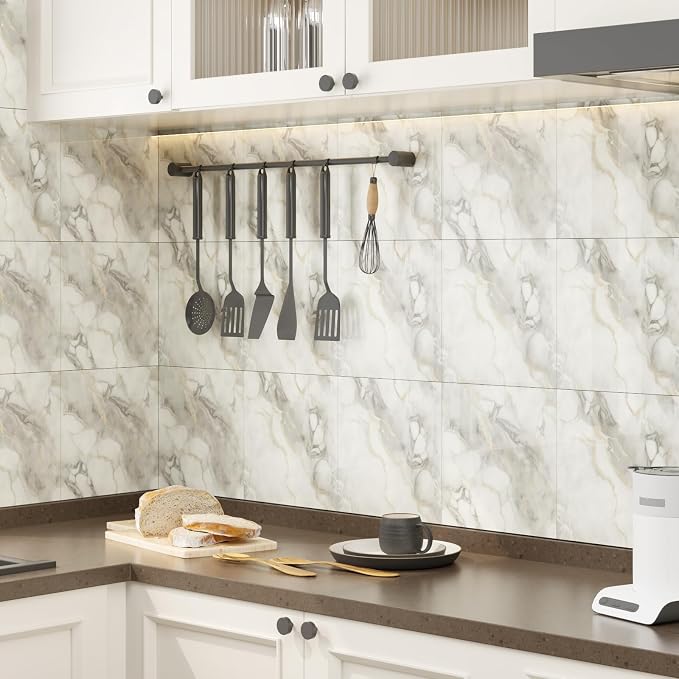 10pcs Marble Peel and Stick Backsplash Wall Tiles, Waterproof Shower Wall Panels, 11.8"x11.8" Peel and Stick Tile for Home Bathroom, Kitchen, Washroom, Living Room, White and Gold (Not Real Tile) - Image 5