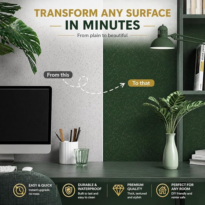 Dark Green Wallpaper Peel and Stick Self Adhesive Removable Contact Paper | 15.7" x 118" Renter Friendly Silk Embossed Textured Vinyl Wrap Paper Waterproof Bathroom Cabinet Drawer Liner Wall Covering - Image 5