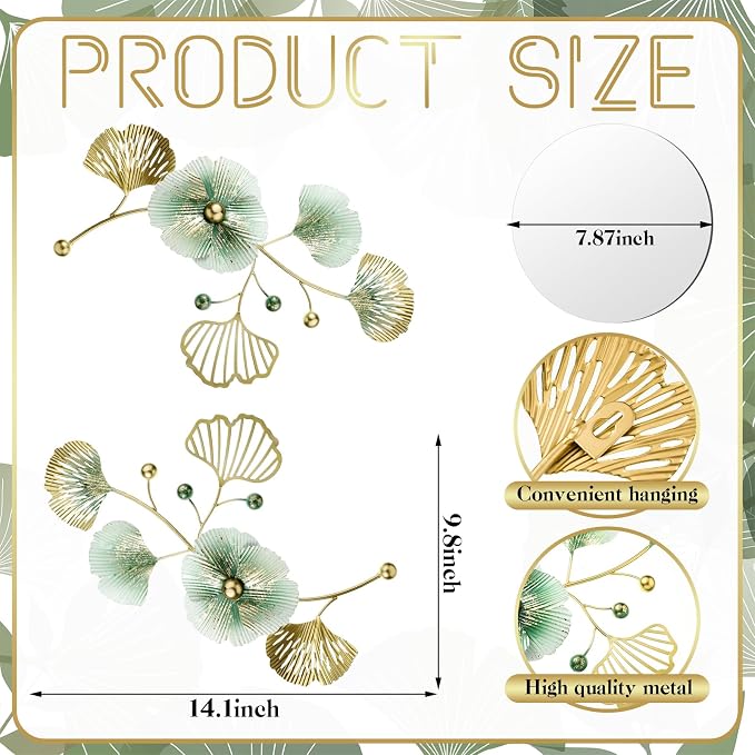 Tandefio 3 Pcs Metal Decorative Wall Mirrors for Living Room Metal Ginkgo Leaf Mirror Modern Creative Wall Decor Art Hanging Decor Mirror for Entrance Bedroom Living Room (Gold Green,16.inches) - Image 2