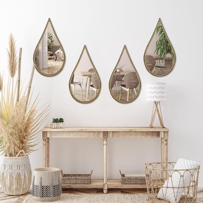 BAODANFU Decorative Mirrors Wall Mounted Mirror Teardrop Shape Metal Frame for Bedroom Living Dining Room Entryway Bathroom Vanity (Rusty Vintage Gold, 4-Pack) - Image 8