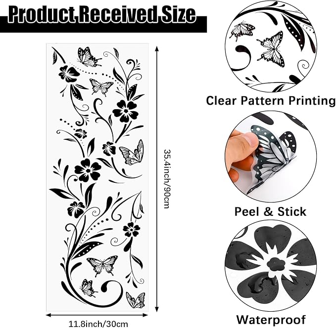 Black Flower Wall Stickers, Vines & Butterfly Wall Decals Peel and Stick | Removable Art Decoration for Living Room Bedroom Door Murals - Image 2