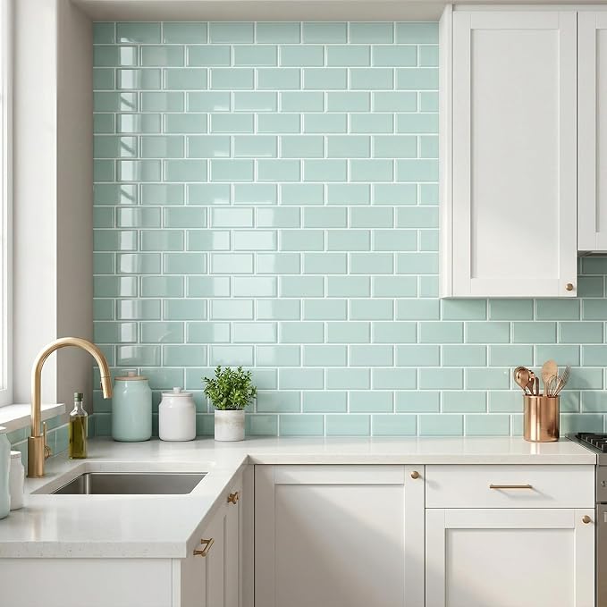 Arttown Peel and Stick 3D Wall Backsplash, 20-Sheet, 12" × 12" Aqua Green | Subway Tiles Self Adhesive Thicker Design Wall Tile Panel Wallpaper for Bathroom Balcony Kitchen - Image 2