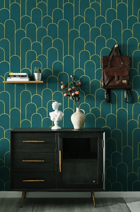 Yasinet Peel and Stick Wallpaper Green and Gold Wallpaper Modern Dark Green Contact Paper Gold Geometric Removable Self Adhesive Wall Paper for Bedroom/Cabinet Waterproof Bathroom Vinyl 393.7" x 17.3" - Image 9