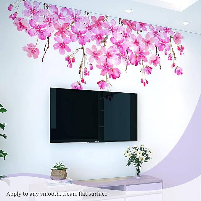 Cherry Blossom Flowers Wall Decals Peel and Stick, Large Floral Vinyl Wall Stickers, Removable Vine Home Decor Art for Bedroom Living Room Classroom Office - Image 5