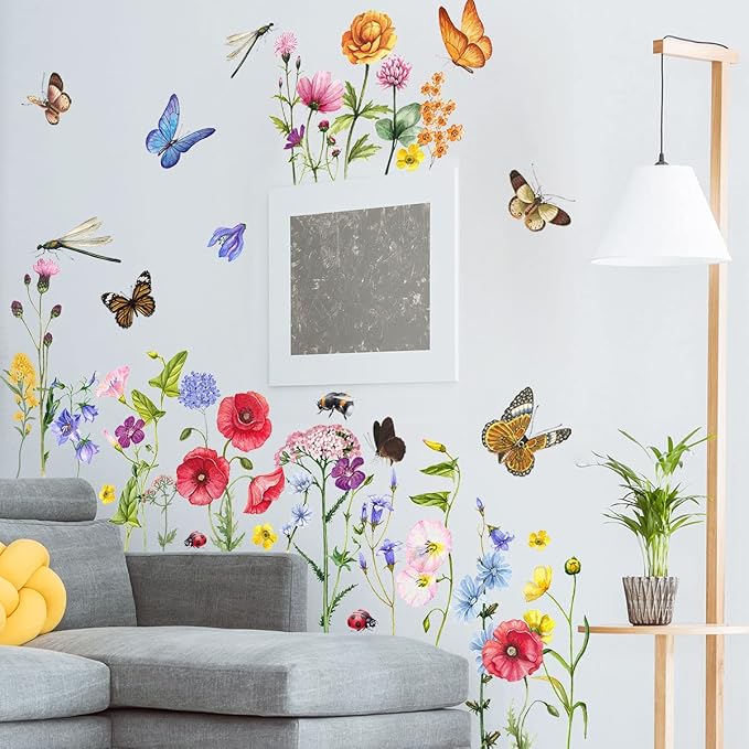 6 Pieces Flowers Wall Decals Vinyl Flowers Wall Stickers Removable Floral Murals Peel and Stick Colorful Flower Decor for Girls Bedroom Living Room Nursery (Butterfly and Dragonfly) - Image 5
