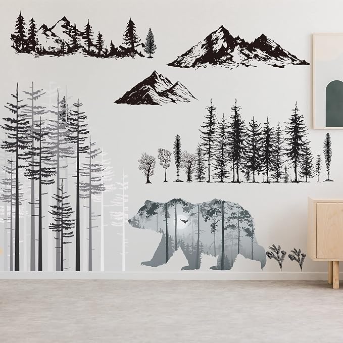 Outus 3 Sheets Mountain Forest Bear Wall Decals Stickers Pine Tree Wall Decals Woodland Trees Wall Stickers Forest Decals for Kids Nursery Bedroom Living Room Decor,11.8 x 35.4 Inches by Outus