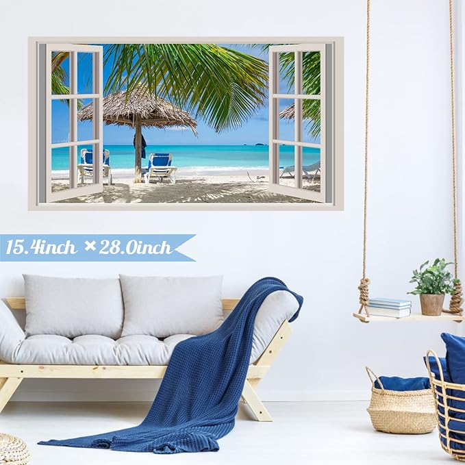 Beach Wall Sticker 3D Fake Windows Wall Stickers Beach Seascape Walls Decals Removable 3D Ocean Walls Decal Blue Sea Landscape Palm Tree Art Mural Vinyl Stickers for Bedroom Living Room Decoration - Image 8