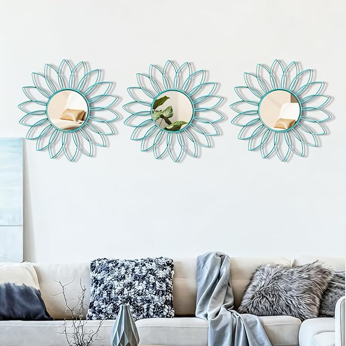 3 Pack Metal Mirrors for Wall Sunburst Wall Mirrors Home Décor Decorative Hanging Wall Art for Living Room Bedroom Entryway (Greenish Blue, Flowers) - Image 3