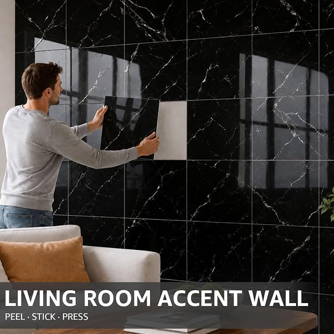 WADILE 20PC Waterproof Peel and Stick Wall Panels 11.8 x 11.8 Black | Marble look, Self adhesive, PVC Panels, Lightweight Foam Wall Panels, Bathroom, Kitchen, Not Real Tile - Image 8