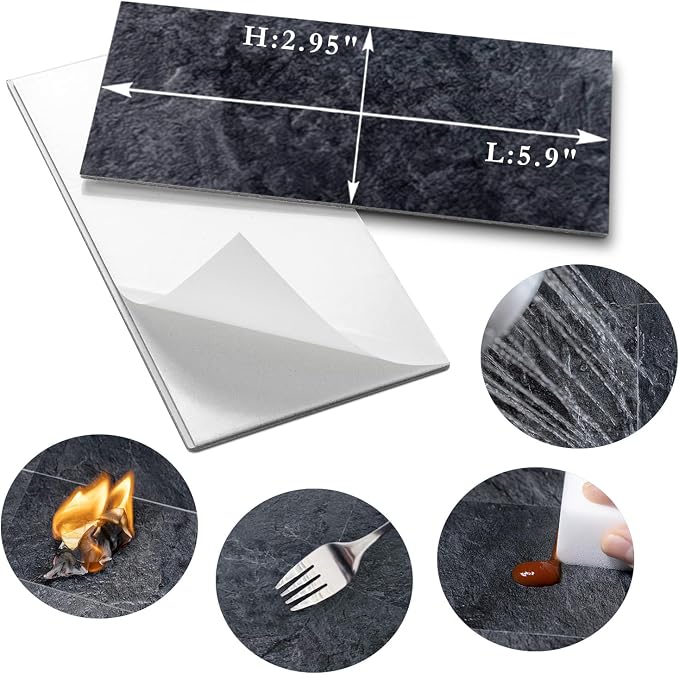 AULIGET 200 Pieces Black Slate Peel and Stick Backsplash Wall Tiles, 3" x 6" PVC Faux Stone Stick on Tiles for Backsplash Kitchen, Bathroom, Laundry Room, Camper, Fireplace - Image 5