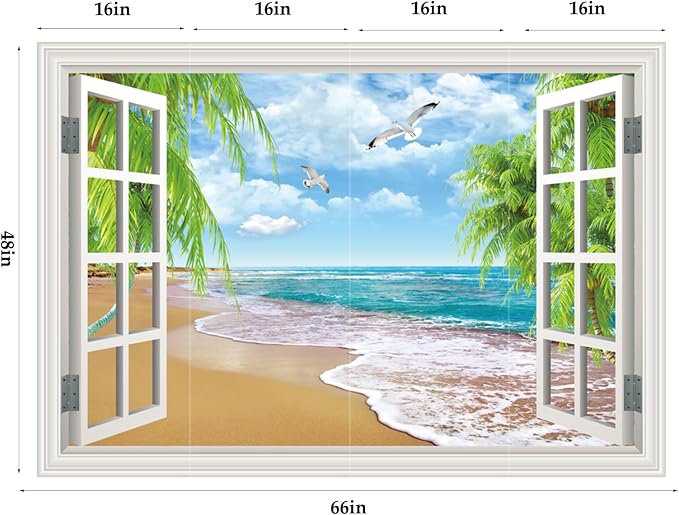 Fake Window Wall Decal- Summer Beach Ocean Coconut Trees Open Art Sticker | Faux Window Natural Scenery Landscape Mural｜ Stick and Peel Wall Decals｜Room Bedroom Office Decor｜Large Murals 66"x48" - Image 2