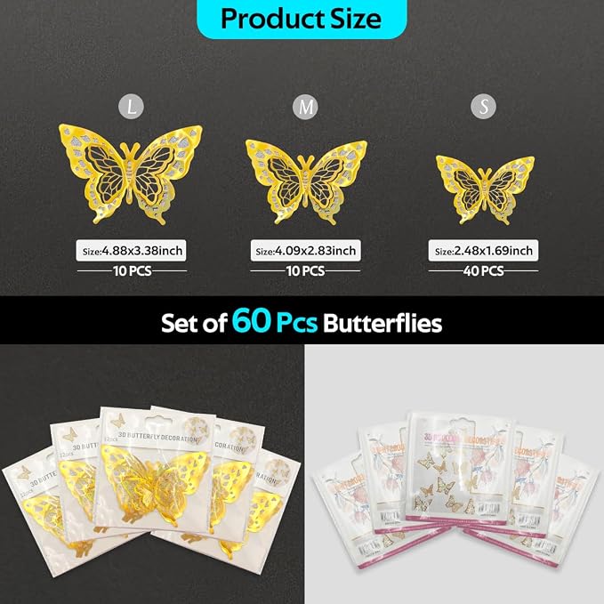 60 Pcs Butterfly Wall Decals - 3D Gold Butterflies Removable Mural Wall Stickers for Home Room Office Bedroom Decorations - Image 3