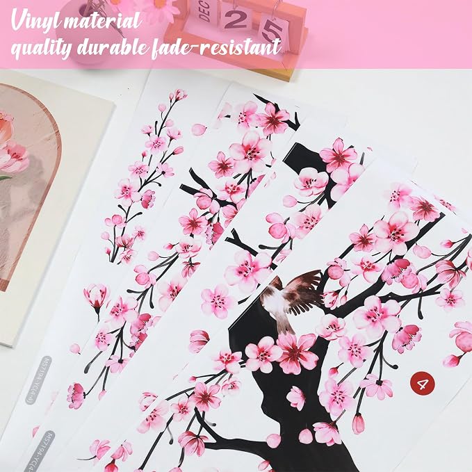 Lilac Wall Decoration 4 Sheets Large Cherry Blossom Tree Wall Stickers | Spring Pink Flower Bird Wall Decals Peel and Stick Wall Murals Decor for Living Room Bedroom (Pink, 11.8 * 35.4inch) - Image 5