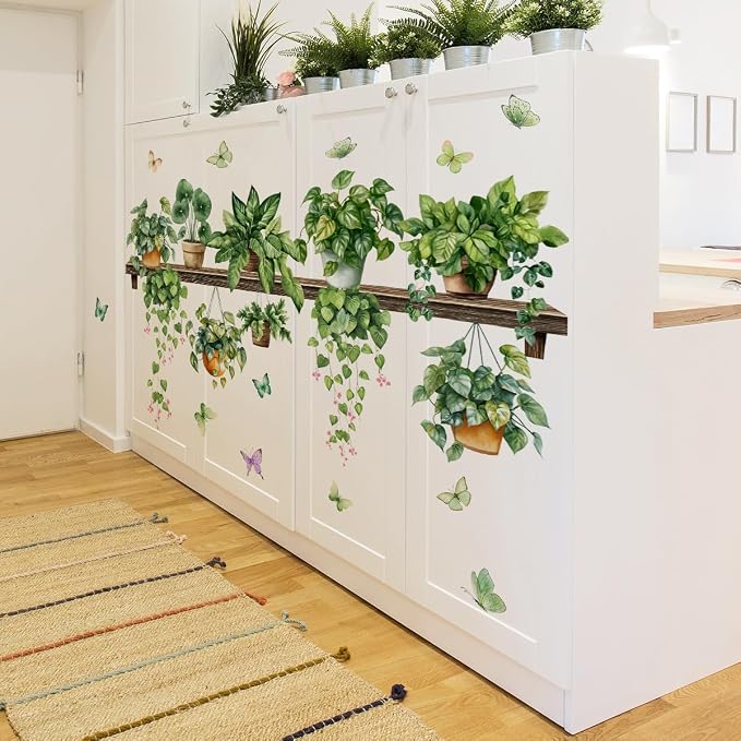 2 Sheets Potted Green Plants Wall Stickers & Murals Peel and Stick Removable Wall Decals Living Room Vinyl 3D Wall Stickers for Bedroom Bathroom Cabinet Vine Wall Clings Decor with Butterflies - Image 3