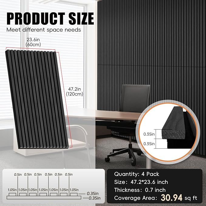 RITOLLO 4 Pack Wood Panels for Wall, 47.2"×23.6" Wood Slat Acoustic Panels for Wall, Soundproof Panels, 3D Fluted Panels for Interior Decor (WoodBlack) - Image 2