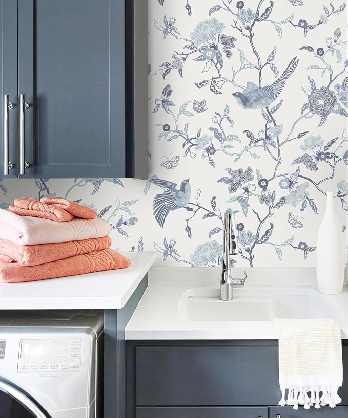 Timeet Peel and Stick Wallpaper Vintage Floral Contact Paper Blue and White Birds Wallpaper Removable Self Adhesive Flower Wall Paper for Bedroom Living Room 16.14"x393.7" - Image 2