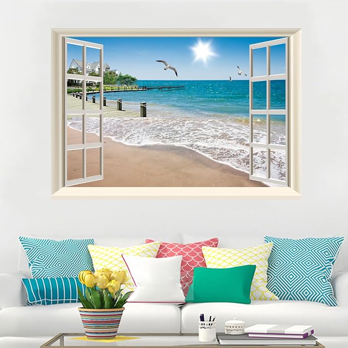 Fake Window Wall Decal- Summer Beach Seascape Open Wall Art Poster Sticker | Faux Window Ocean Coast Natural Scenery Landscape Mural｜ Stick and Peel Wall Decals｜for Room Bedroom Office Decor｜24"x16" - Image 2