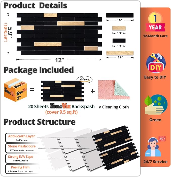 StyloVue 20 Sheets Peel and Stick Tile Backsplash, Black with Metal Gold Look Stick on Tile Upgrade Your Kitchen Backsplash, RV, Fireplace - Image 5