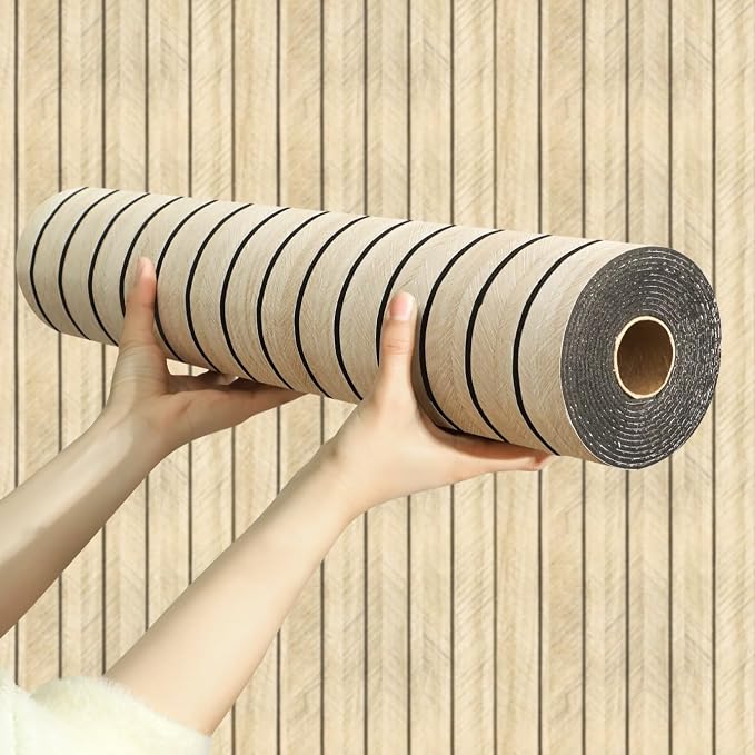 Chejiaye Peel and Stick 3D Wall Panel -15.75"x118"Soundproof Self-Adhesive Wall Sticker, Removable Thick PVC Slat Contact Paper for Kitchen Bedroom,Ceiling Wall Decoration Wood Grain (Log Color) by Chejiaye