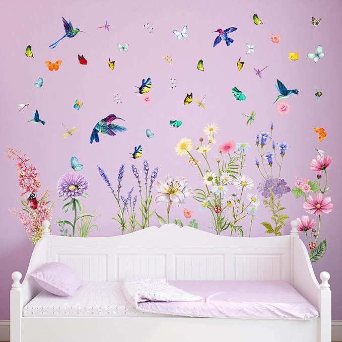 Supzone Flowers Butterflies Wall Decals Chrysanthemums Dragonflies Wall Stickers Peel and Stick Colorful Flower Stickers Elegant Wall Stickers & Murals for Girls Bedroom, Living Room Decor by Supzone