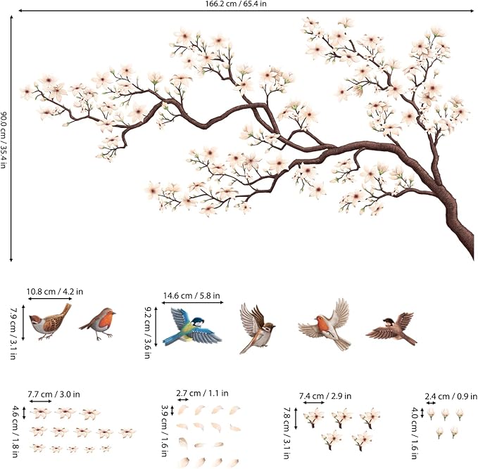 DECOWALL Large Cherry Blossom Tree Wall Stickers Decals Wall Art (SG4-2317) | Peel and stick, removable, large white flowers, birds, falling petals; elegant decor for bedroom, living room, nursery walls. - Image 7