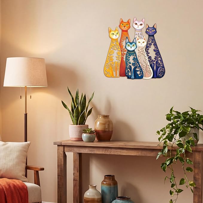 Wesiti 6 Pcs Iron Cat Wall Art, Colorful Mid Century Decor for Cat Lovers | Hollow Sculptures 11.42x11.22in Each, Retro Style for Living Room Bedroom Kitchen Office, Unique Gift for Enthusiasts - Image 4