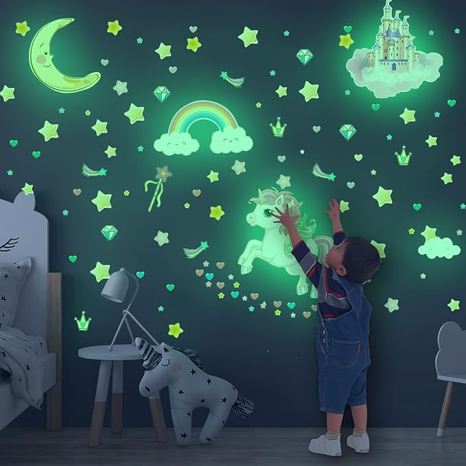 Glow in The Dark Stars and Unicorn Wall Decals, Glowing Castle Moon and Rainbow Stickers, 174 pcs Luminous Ceiling Decor for Kids Bedroom, Great Wall Decor for Girls and Boys Gift by Robmoda